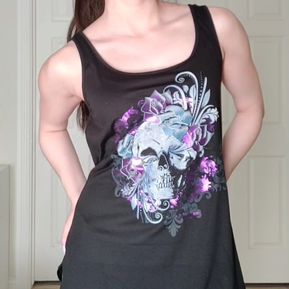 NEW Goth Las Vegas Punk Emo Skull Shiny Print Floral Rose Small Medium Edgy - Picture 3 of 9